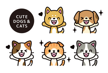 set of illustrations of a cute and happy dog and cat's upper body