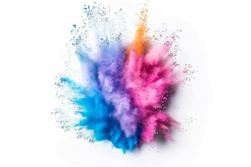 Immerse yourself in the colorful joy of Holi with this mesmerizing paint explosion capturing vibrant shades of purple, creating a dynamic texture on a pristine white background. AI generative.
