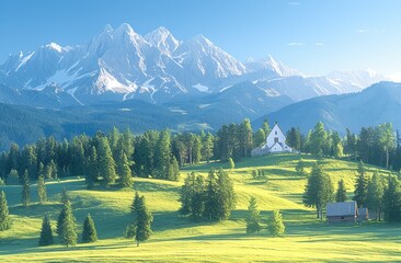 Beautiful green meadow with a small building on the hill on a sunny day, an alpine landscape with a forest and mountains in the background