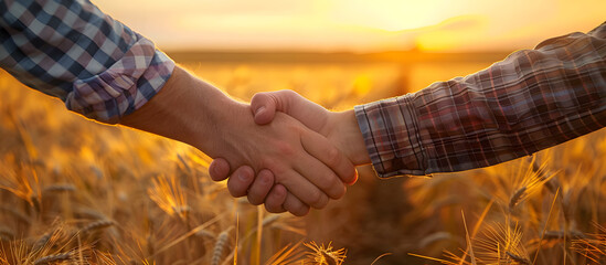 Two farmers shake hands in front of a wheat field.