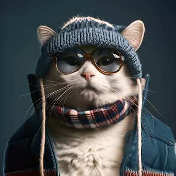 A cat with striking glasses and a cozy hat and scarf combo poses with an air of sophisticated humor.