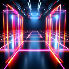 3d technology abstract neon light background, empty space scene, spotlight, dark night, virtual reality, cyber futuristic sci-fi background, street floor studio for mock up. colored geometric