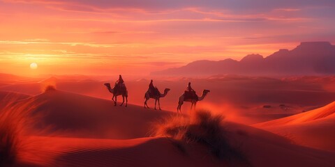 Fototapeta na wymiar A serene scene with a caravan of camels and riders trekking through the desert dunes against a breathtaking sunset background