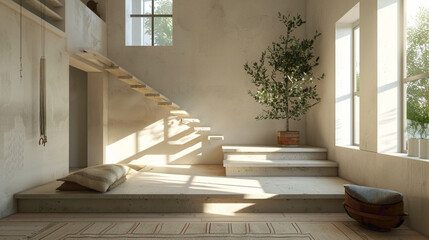 Beige stairs with a Scandinavian aesthetic in a cozy lounge with an adjacent window.