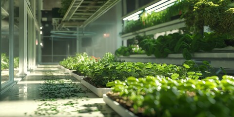 Modern indoor urban farming with rows of plant beds under artificial lighting showcasing sustainable agriculture against a blurred background
