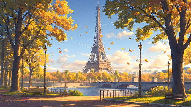 Eiffel Tower in Paris, France. Beautiful view of the Eiffel Tower in autumn.