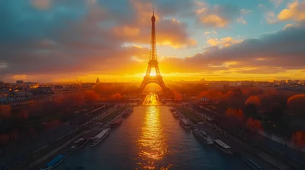 Tuinposter Aerial view of Eiffel Tower at sunset in Paris, France © Nutchanok