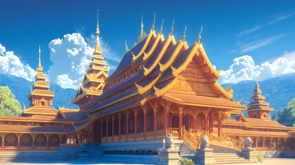 Beautiful ancient Buddhist temple in the mountains. 3D rendering.