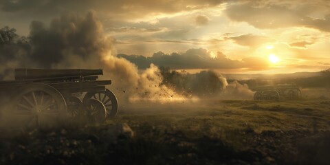 A dramatic sunset over a historical field with smoke and cannons, setting the scene for a powerful, evocative background