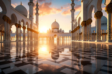 the grand and majestic ephemeral white mosque at sunset