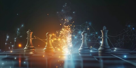 Chess pieces depicted in a strategic setup with digital network connections, indicating strategic thought and competition on a virtual background