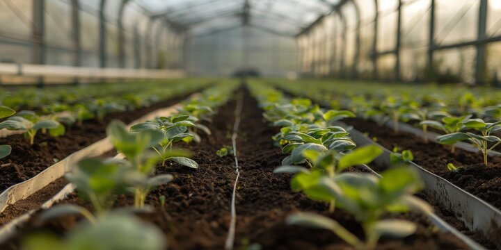 A serene image showing rows of young plants growing in a greenhouse, embodying growth and nurturing as the primary background concept