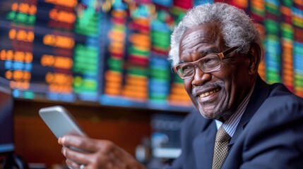 Confident African American elderly businessman analyzing stock market data on his smartphone with colorful graphs in the backdrop.