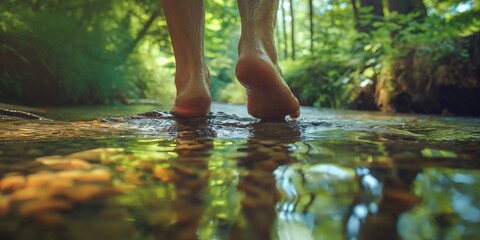 A soothing image capturing bare human feet treading gently over river pebbles among a serene forest background Nature and tranquility merge - obrazy, fototapety, plakaty