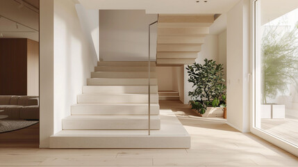 Beige stairs with clean lines and Scandinavian design elements in a chic interior.