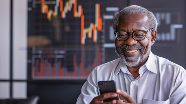 Happy senior African American man with a smartphone, enjoying stock trading with market charts in the background.