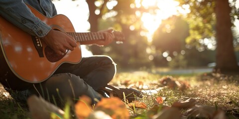 A musician's hands strumming an acoustic guitar amidst fallen autumn leaves, creating an evocative artistic background of creativity - obrazy, fototapety, plakaty