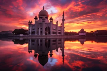 Fototapete Rund Beautiful sunset at the reflection of Putra Mosque © ginstudio