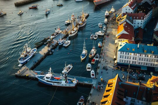 An overhead view of a bustling harbor, with colorful fishing boats, waterfront promenades, and bustling docks alive with activity, Generative AI - Powered by Adobe
