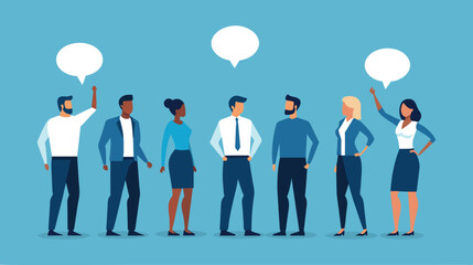  Communication concept. Experts. Successful team of seven people standing on a blue background and speech bubbles above. Business vector illustration..