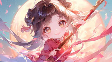 cute chinese girl anime characters. chibi anime style with a simple one color background