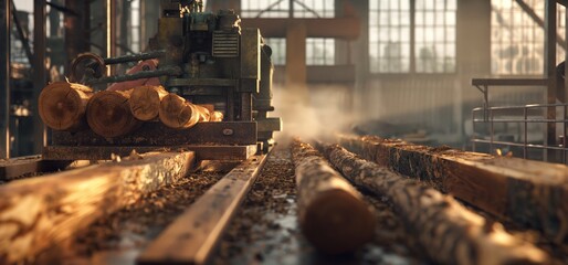 The image details machinery at a sawmill cutting through logs amidst woodchips and golden sunlight, capturing the industrial process and the atmospheric background of sawdust in the air - obrazy, fototapety, plakaty
