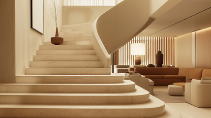 Beige stairs with Scandinavian flair enhancing a sophisticated lounge interior.