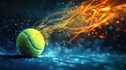 An illustration of tennis ball with dynamic cybersport background with a big space for text or sports type product advertisement, Generative AI.