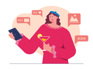 Woman using social media app. Chatting vector illustration