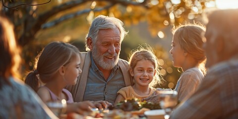 Multi-generational family happily enjoying an outdoor meal at sunset with a warm background