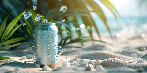 A blue juice can mockup with a blue backdrop with ice cubes, palm leaves and beach sands representing summer refreshment with space, Generative AI.
