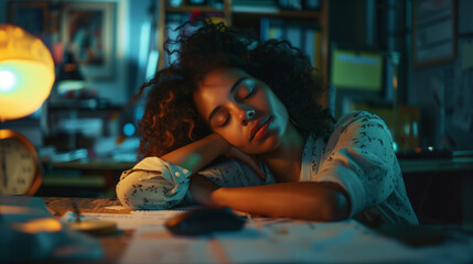 Finding tranquility amidst office commotion, a weary young woman rests peacefully under the comforting radiance of a desk lamp, surrounded by her work tools.