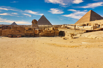 Iconic view of the the Landmark sights of Egypt -  3 Great Pyramids of Khufu,Khafre and Menkaure...