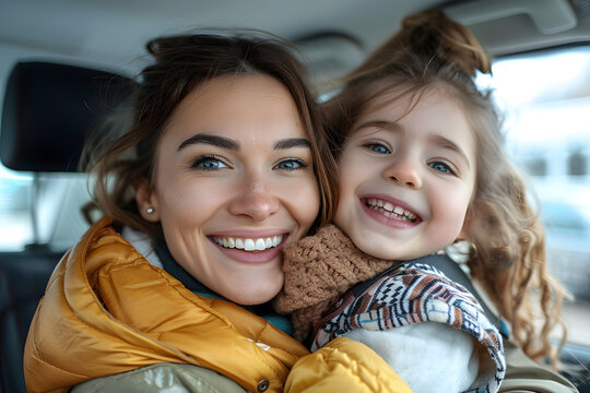 Woman and little girl happily smiling in car, depicting a joyful family outing or fun road trip adventure.