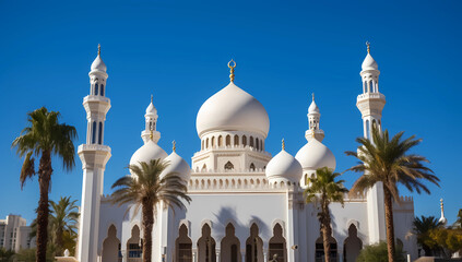 White mosque with three minarets and domes in white color