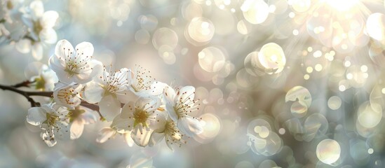 Close-up image of white spring blossoms on a tree branch against a sunny gray bokeh background
