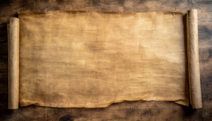 An aged papyrus manuscript, unrolled, displaying a textured surface with dark spots on a wooden...