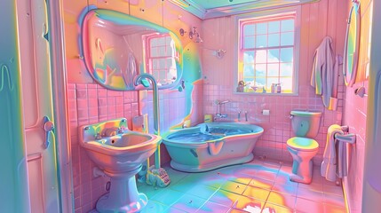 Whimsical illustrations of bathroom faux pas, painted in a spectrum from vibrant to pastel tones