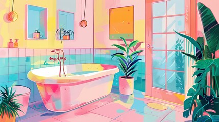 Whimsical illustrations of bathroom faux pas, painted in a spectrum from vibrant to pastel tones
