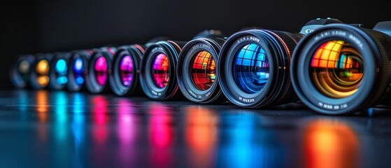 A row of colorful lens for camera kept in a clean surface with a big space for text or product backdrop or background illustration, Generative AI. - obrazy, fototapety, plakaty