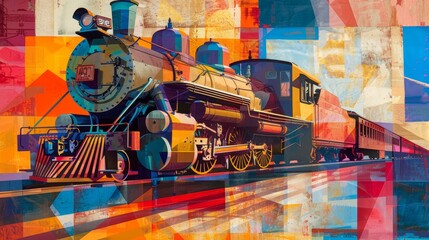 Visually engaging piece depicting a locomotive, abstractly rendered through vibrant geometric layers