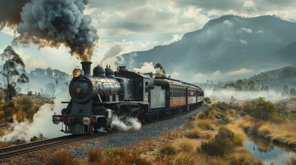 Fototapeta na wymiar Vintage steam train powering through a scenic landscape, ideal for a dynamic and historical background