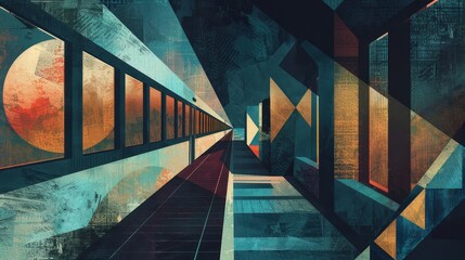 The romance of a midnight train, illustrated with a tapestry of geometric shapes and bold, antique hues