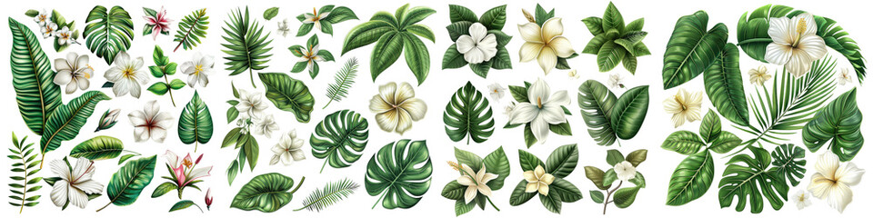 Tropical spring floral green leaves and flowers elements   On A Clean White Background Soft Watercolour Transparent Background