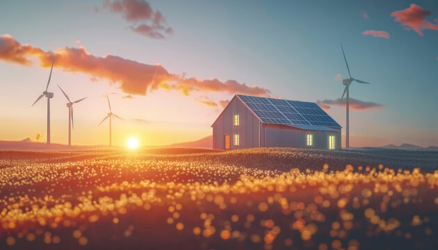 A house is in the middle of a field with a sunset in the background by AI generated image