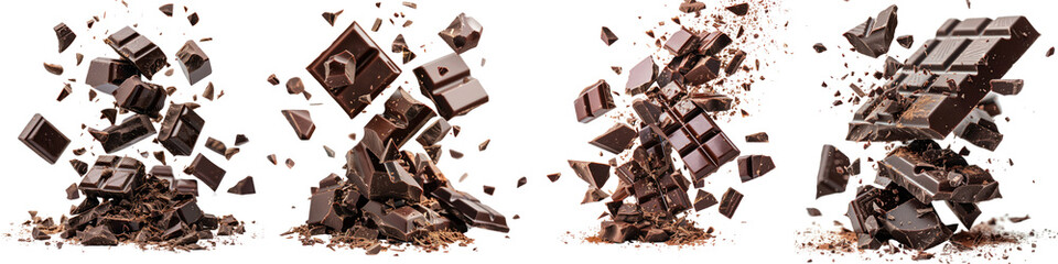 Various types of chocolate falling with choc flake in the air   On A Clean White Background Soft Watercolour Transparent Background