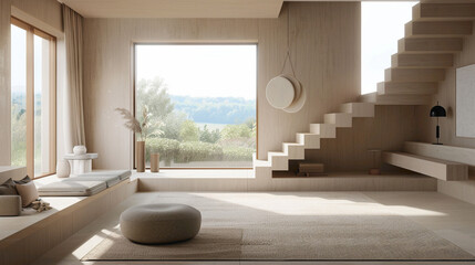 Chic beige stairs in a Nordic-designed lounge with a window offering a calming view.