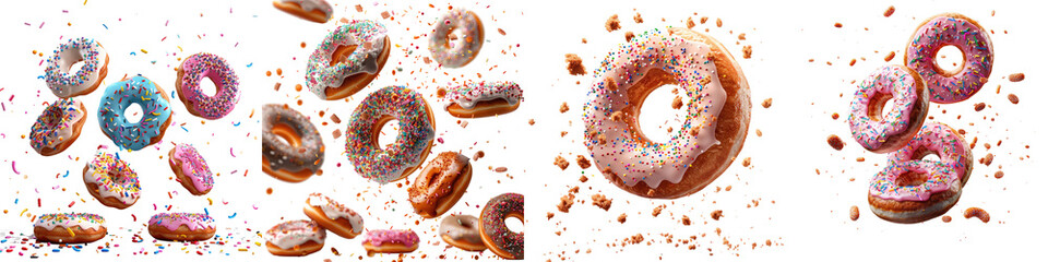 Donuts with icing, crumbles and sprinkles that flying 
 On A Clean White Background Soft Watercolour Transparent Background