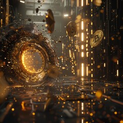 Futuristic scene of Bitcoins and gold shards in a swirling vortex with glowing particles