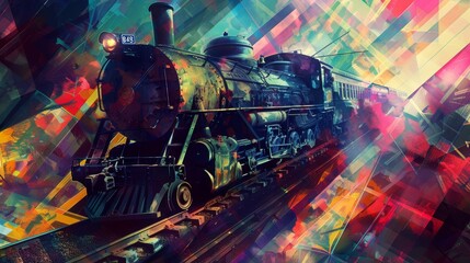 Midnight's antique train ride, depicted through an abstract arrangement of overlapping, colorful geometric shapes - obrazy, fototapety, plakaty